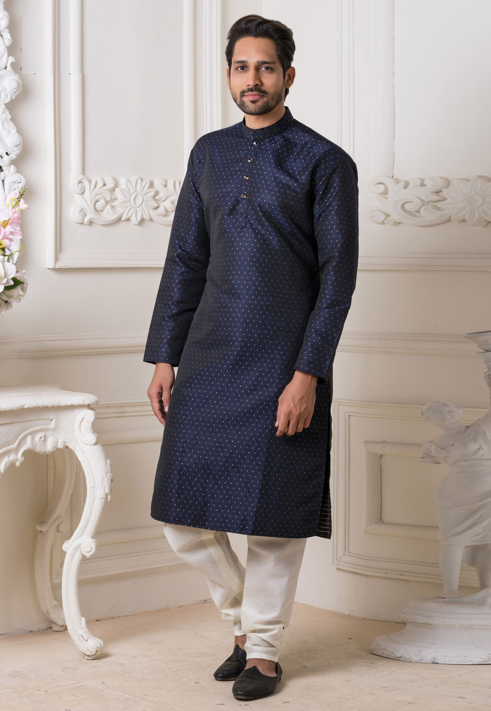 Navy Blue Jacquard Readymade Kurta Pajama 190862