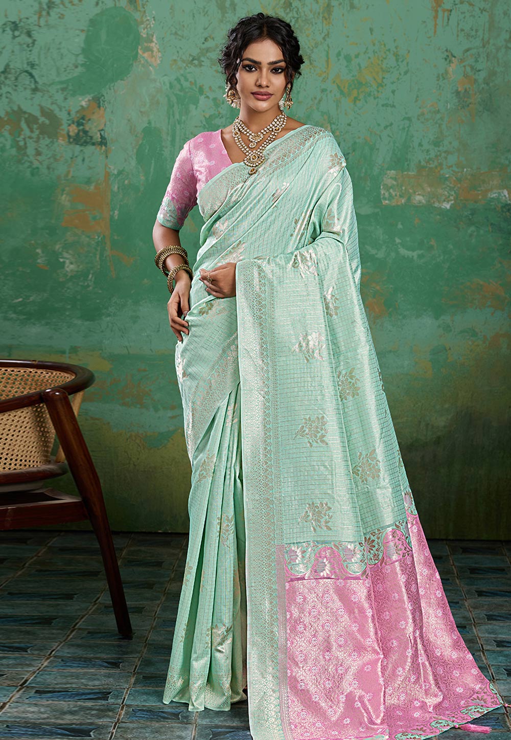 Sea Blue Linen Saree With Blouse 329532