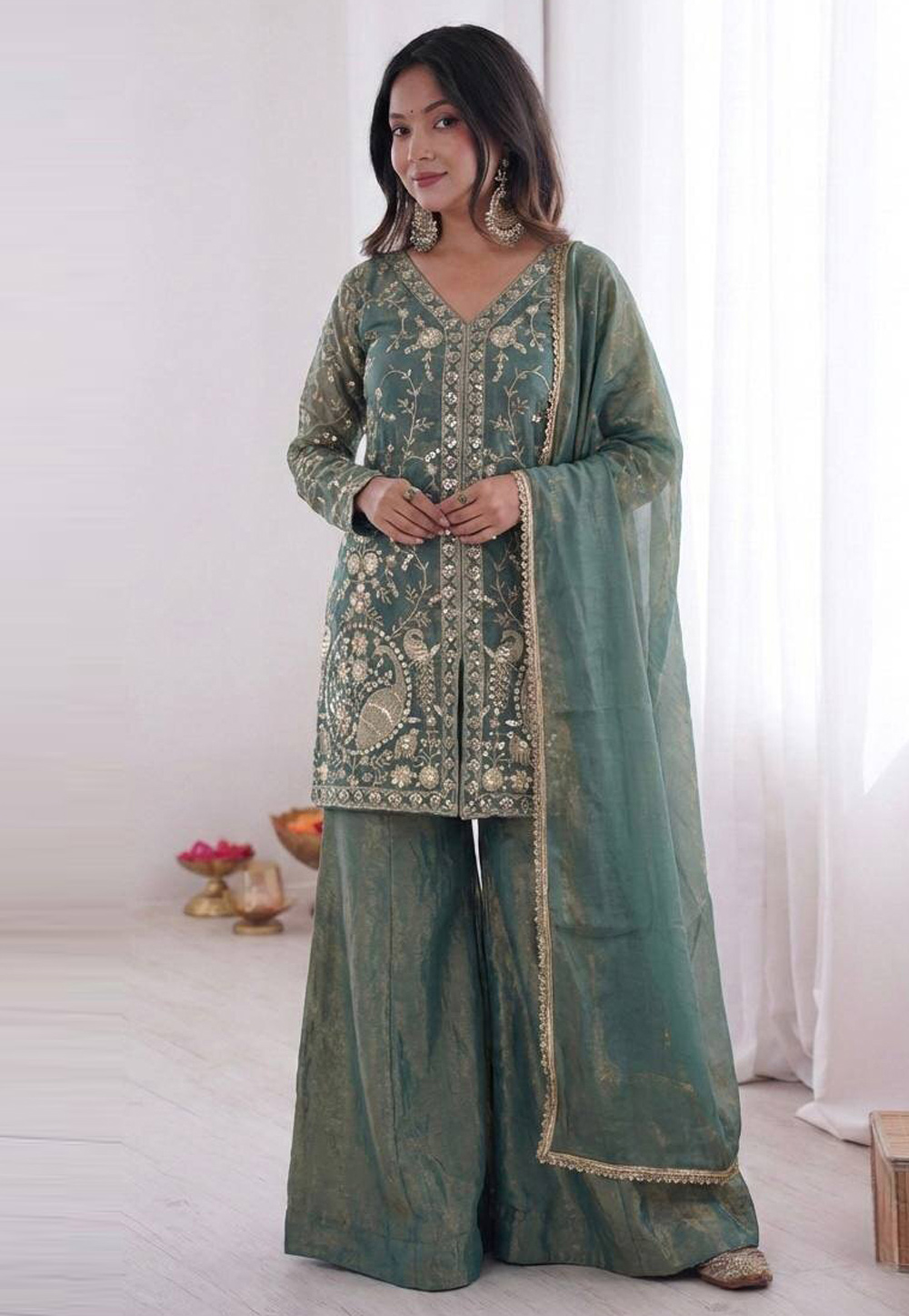 Sea Blue Silk Readymade Pakistani Suit 328299