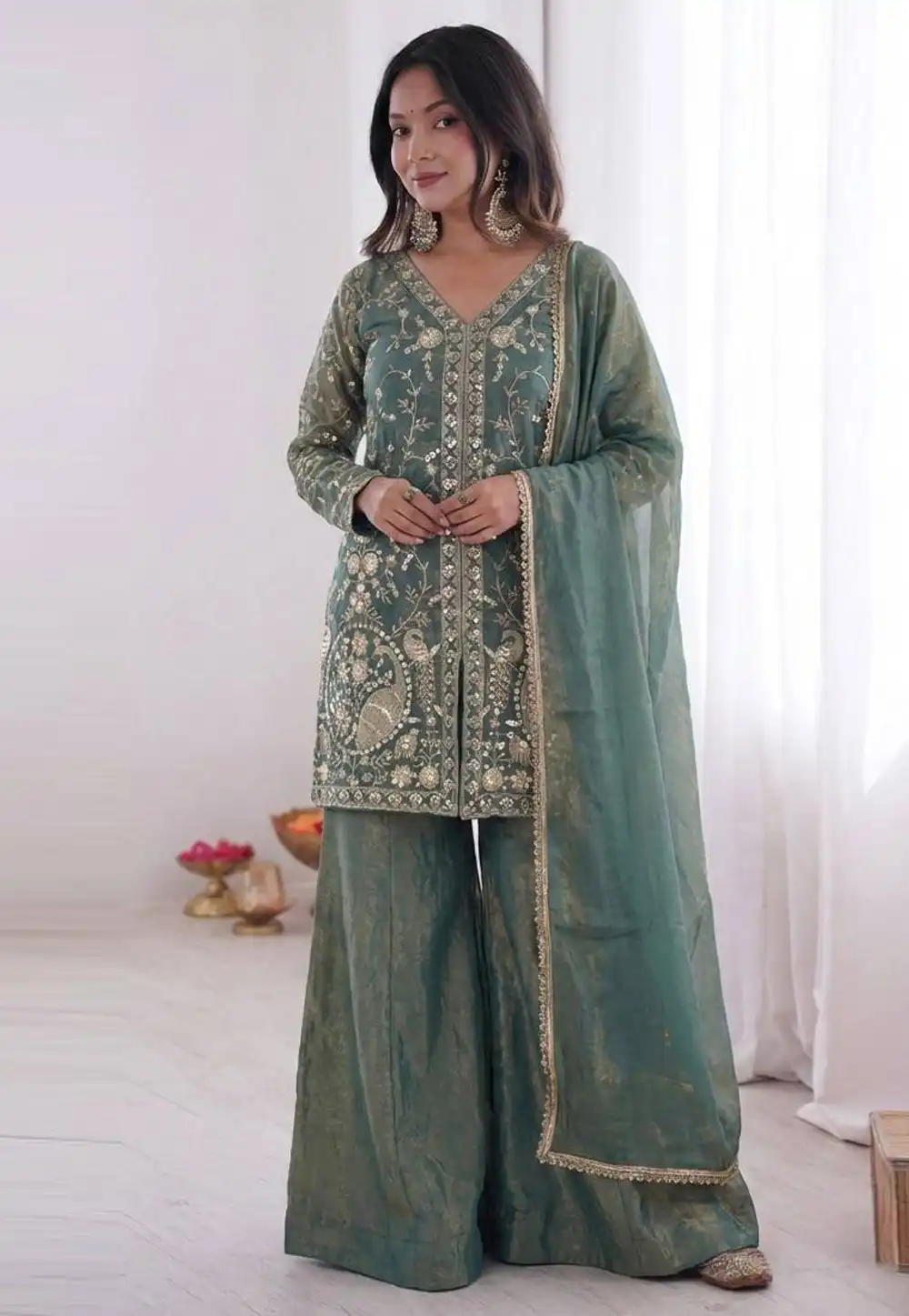 Sea Blue Silk Readymade Pakistani Suit 328299
