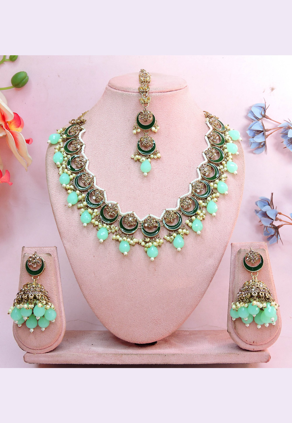 Sea Green Alloy Necklace Set With Earrings and Maang Tikka 312367
