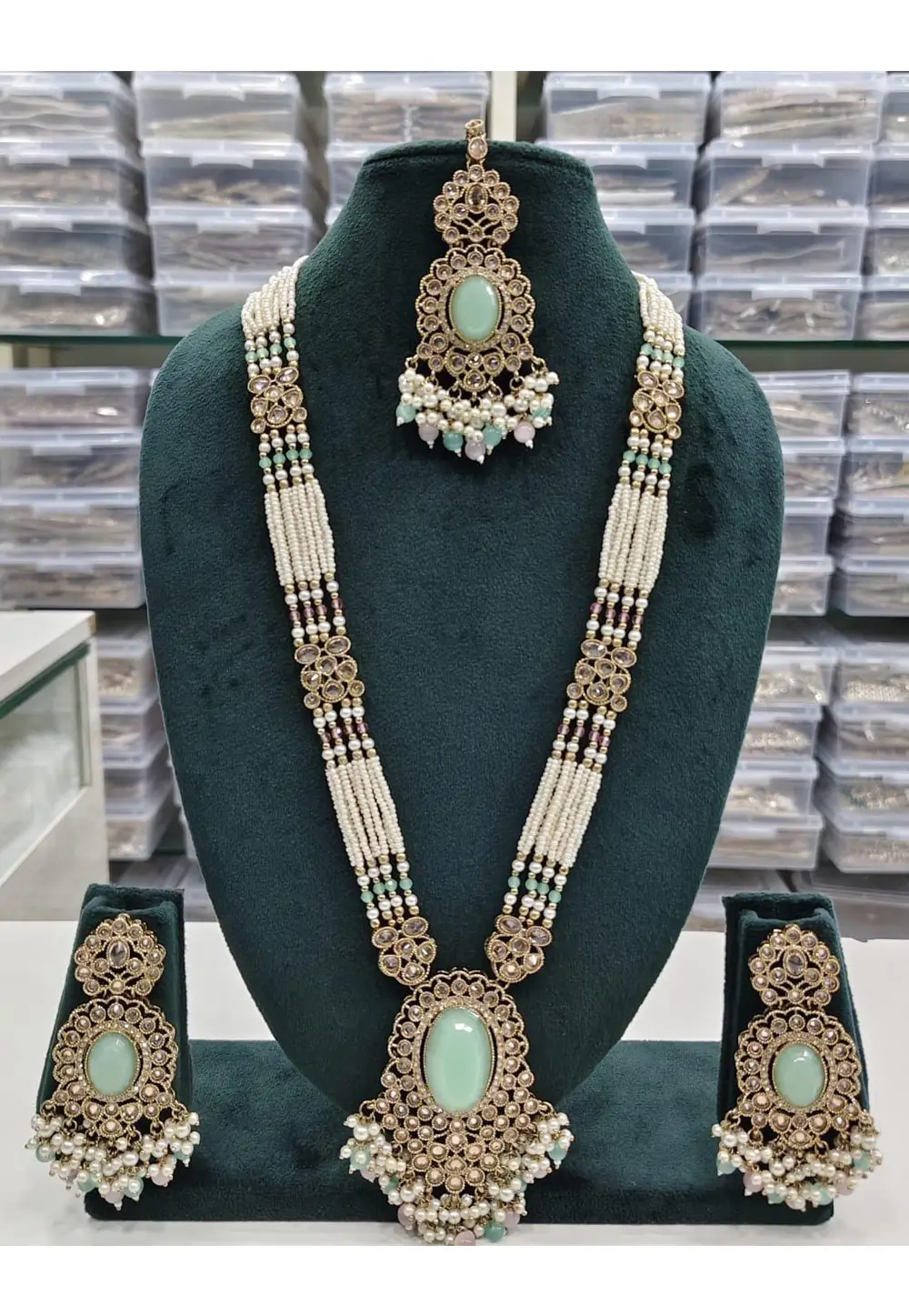 Sea Green Alloy Necklace Set With Earrings and Maang Tikka 336698