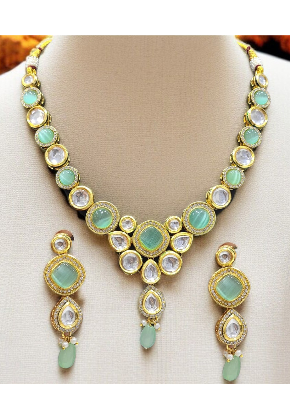 Sea Green Alloy Necklace With Earrings 313942