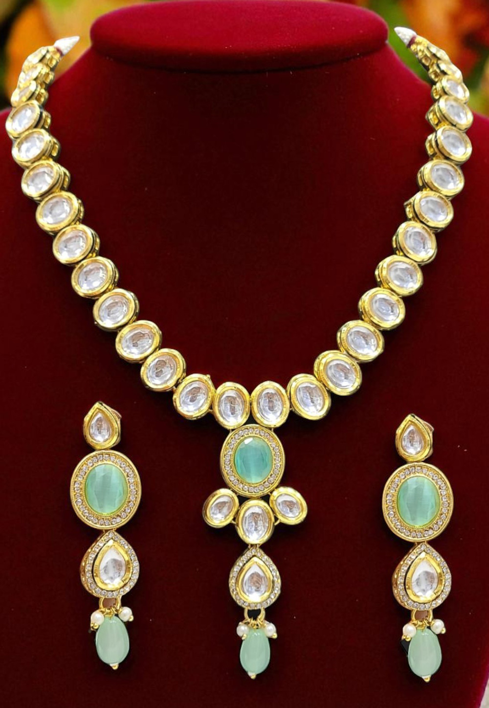 Sea Green Alloy Necklace With Earrings 314378