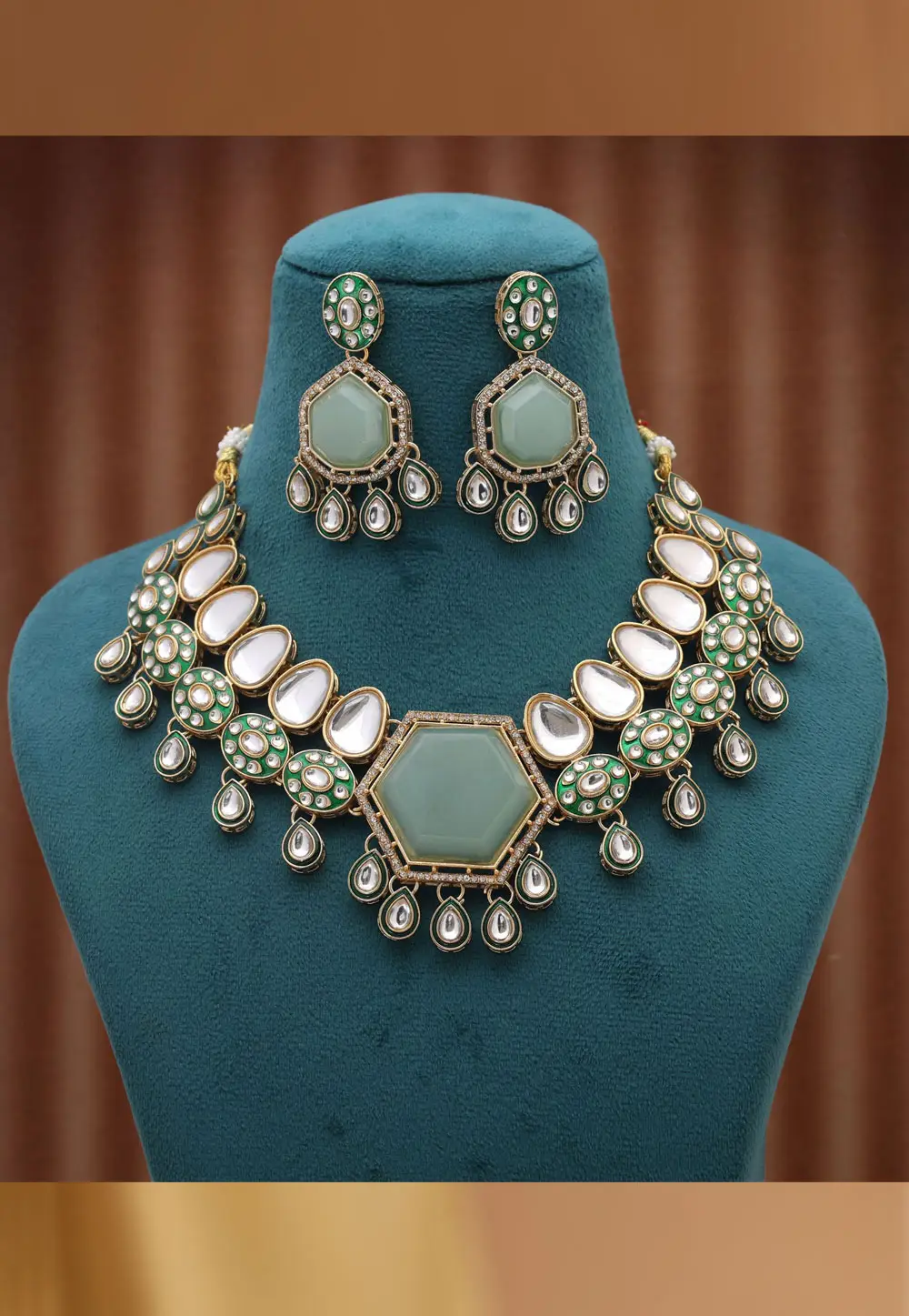 Sea Green Alloy Necklace With Earrings 332191