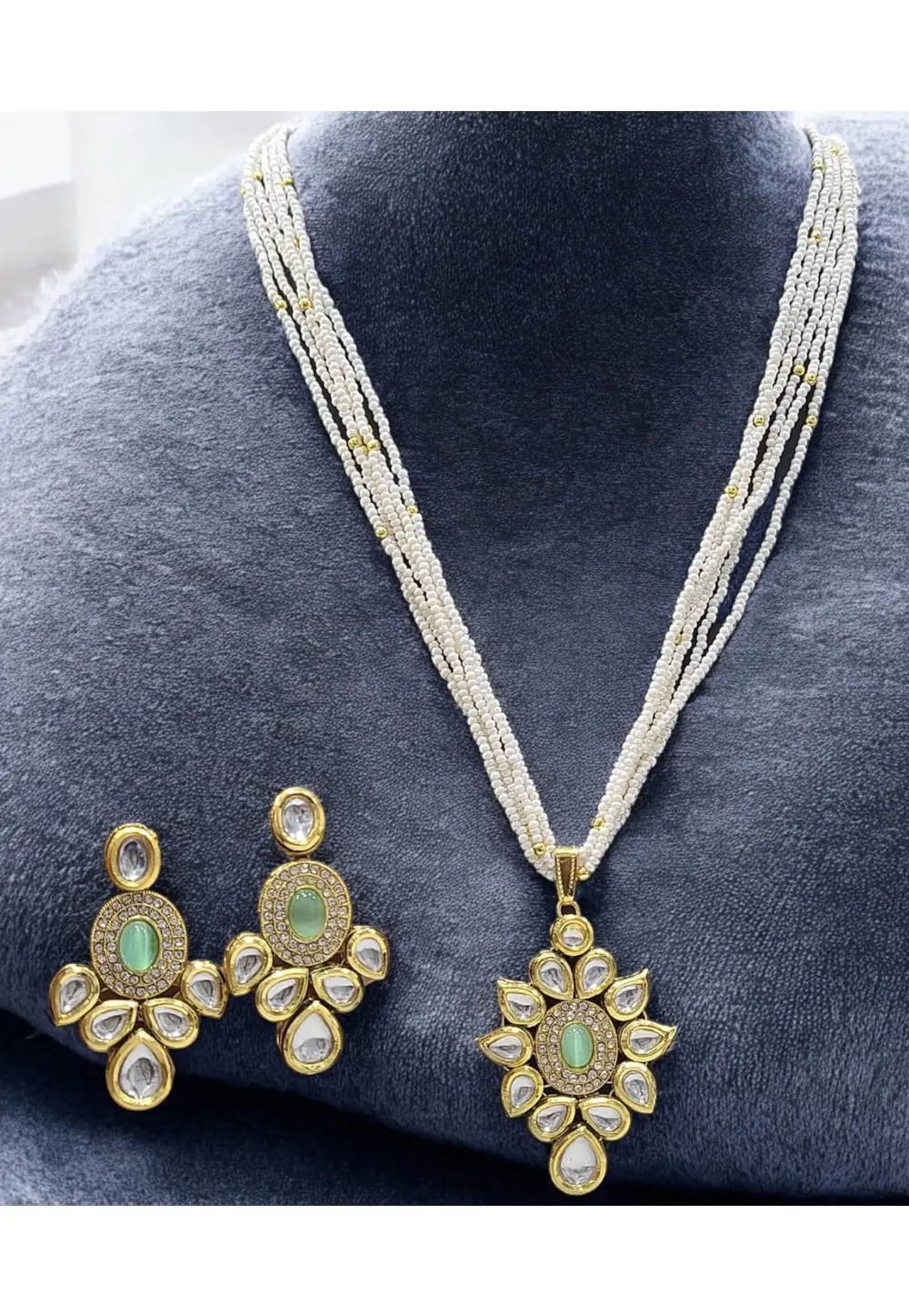 Sea Green Alloy Necklace With Earrings 332525