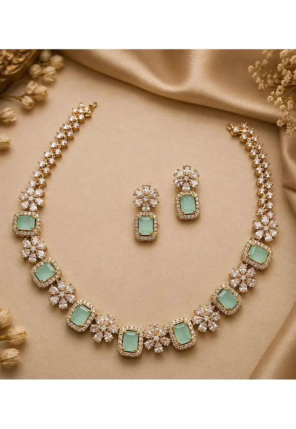 Sea Green Alloy Necklace With Earrings 332533