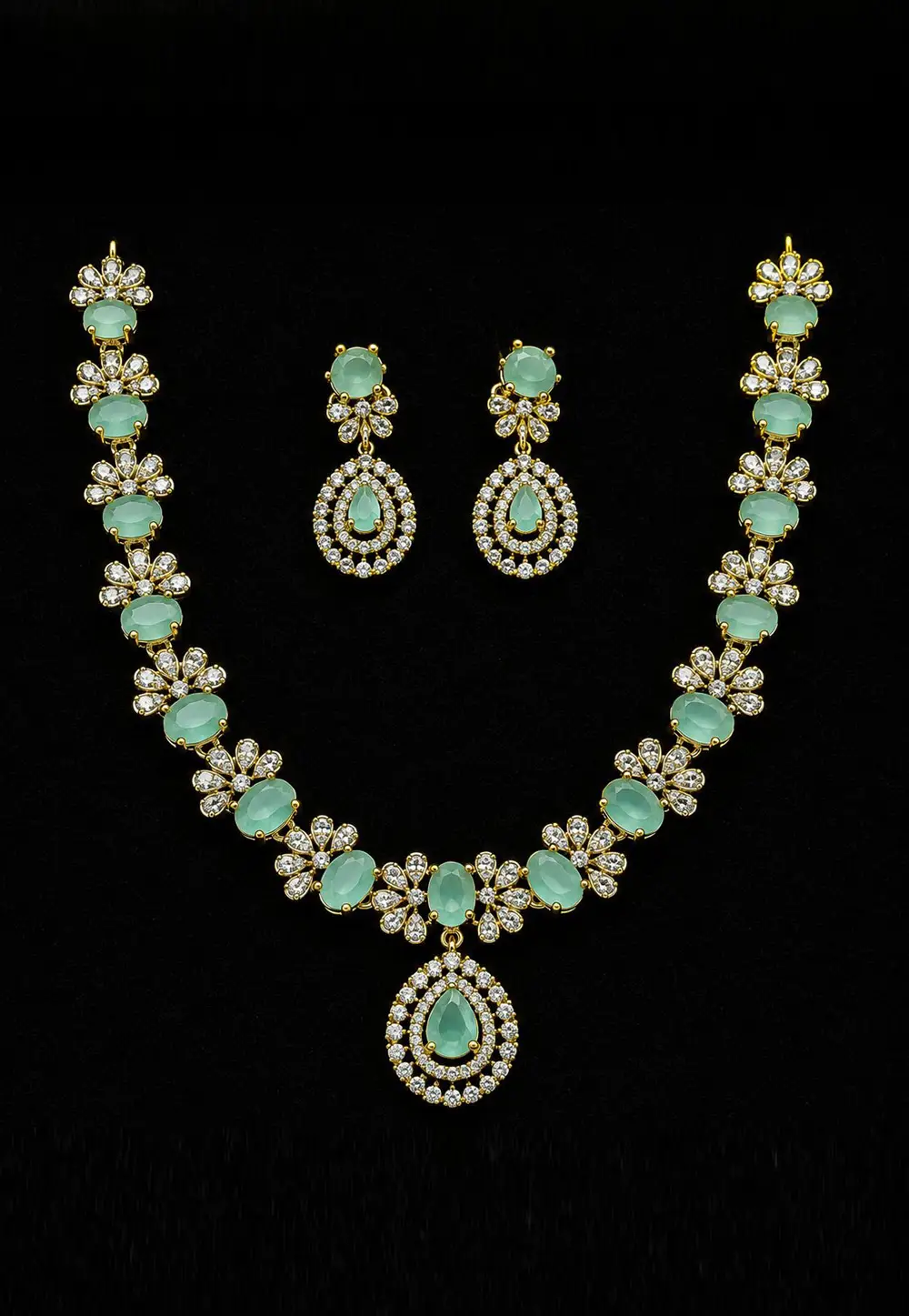Sea Green Alloy Necklace With Earrings 334000