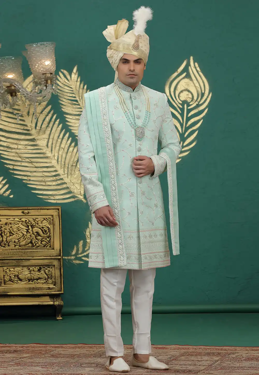 Sea Green Art Silk Achkan Style Sherwani With Dupatta 319004