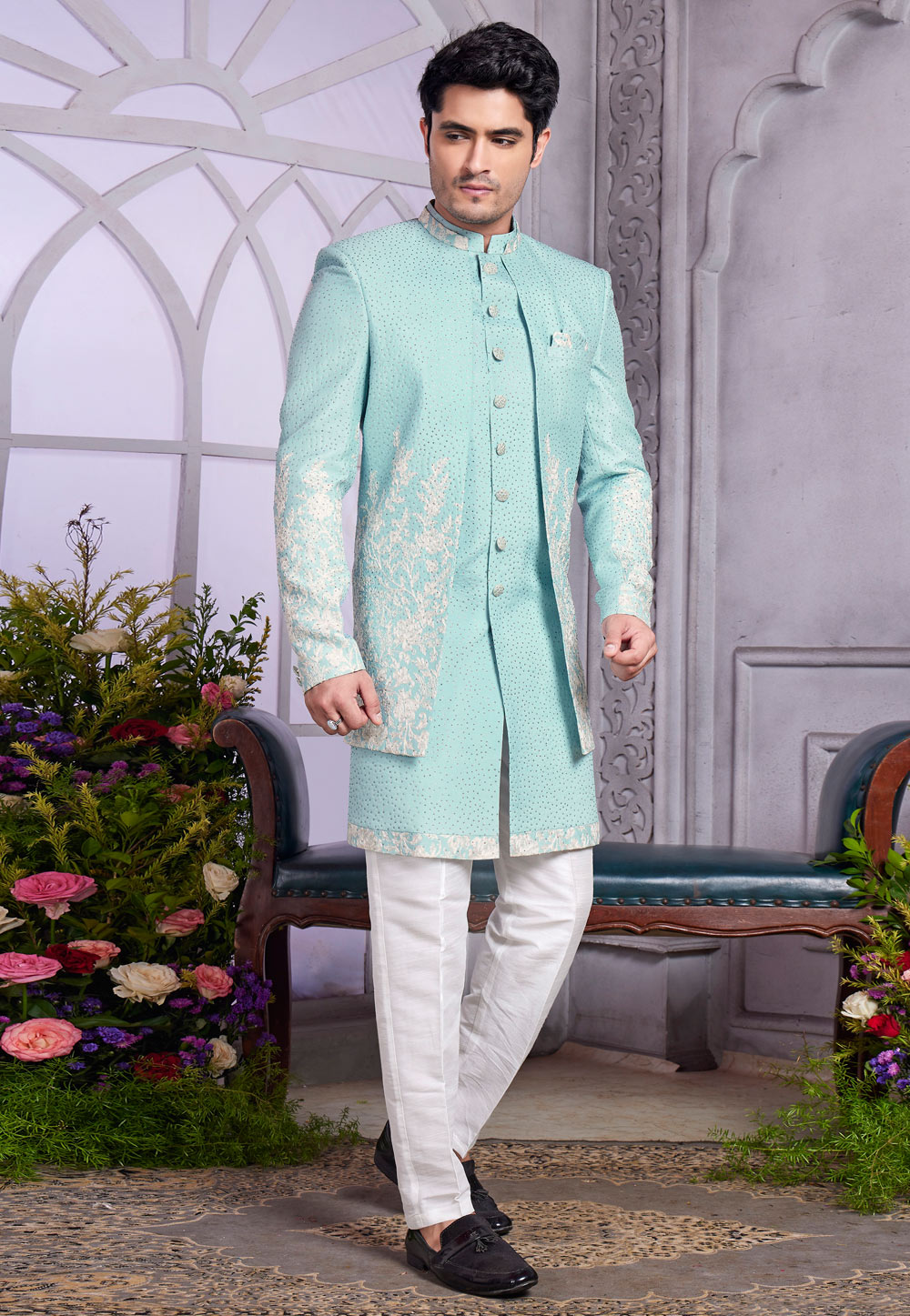Sea Green Art Silk Jacket Style Sherwani 308600