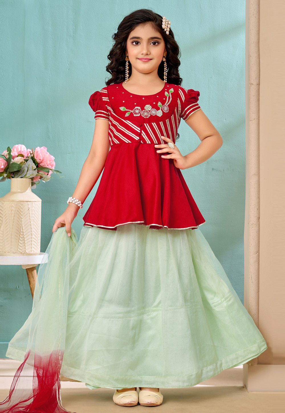 Sea Green Art Silk Kids Lehenga Choli 325177