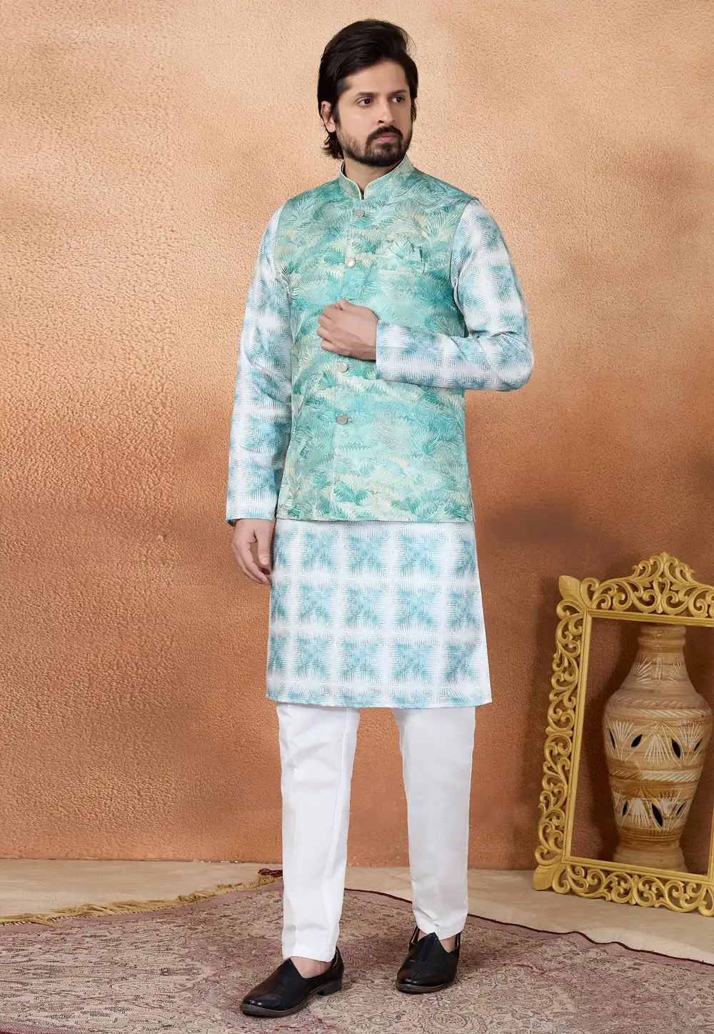 Sea Green Art Silk Kurta Pajama With Jacket 327075