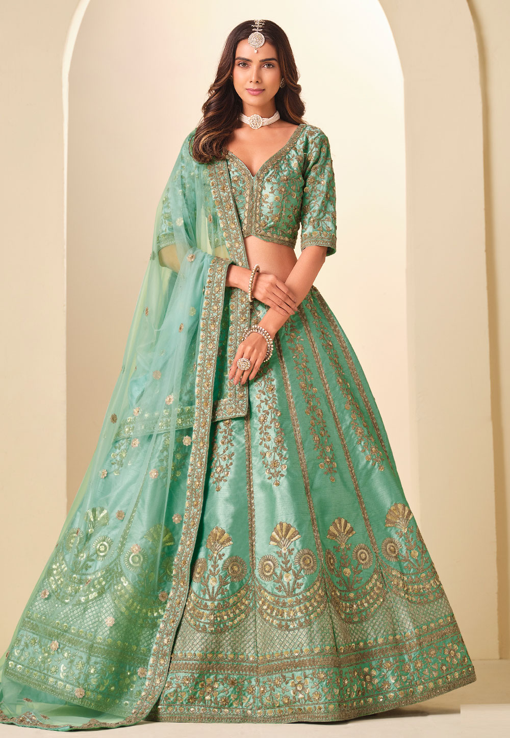 Sea Green Art Silk Lehenga Choli 323516