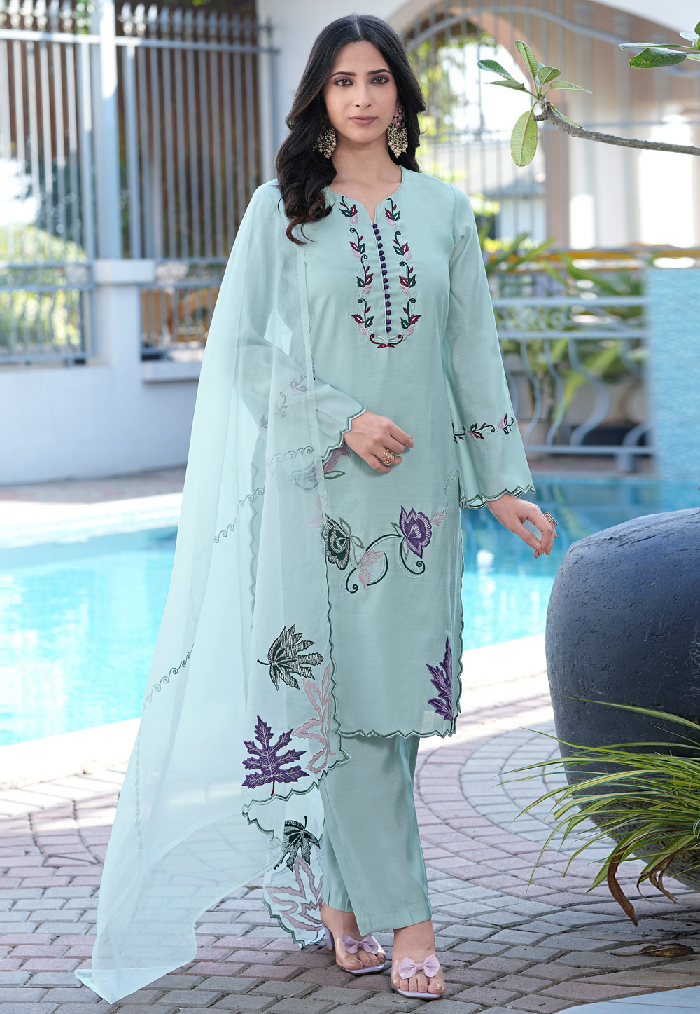 Sea Green Art Silk Readymade Pant Style Suit 325024