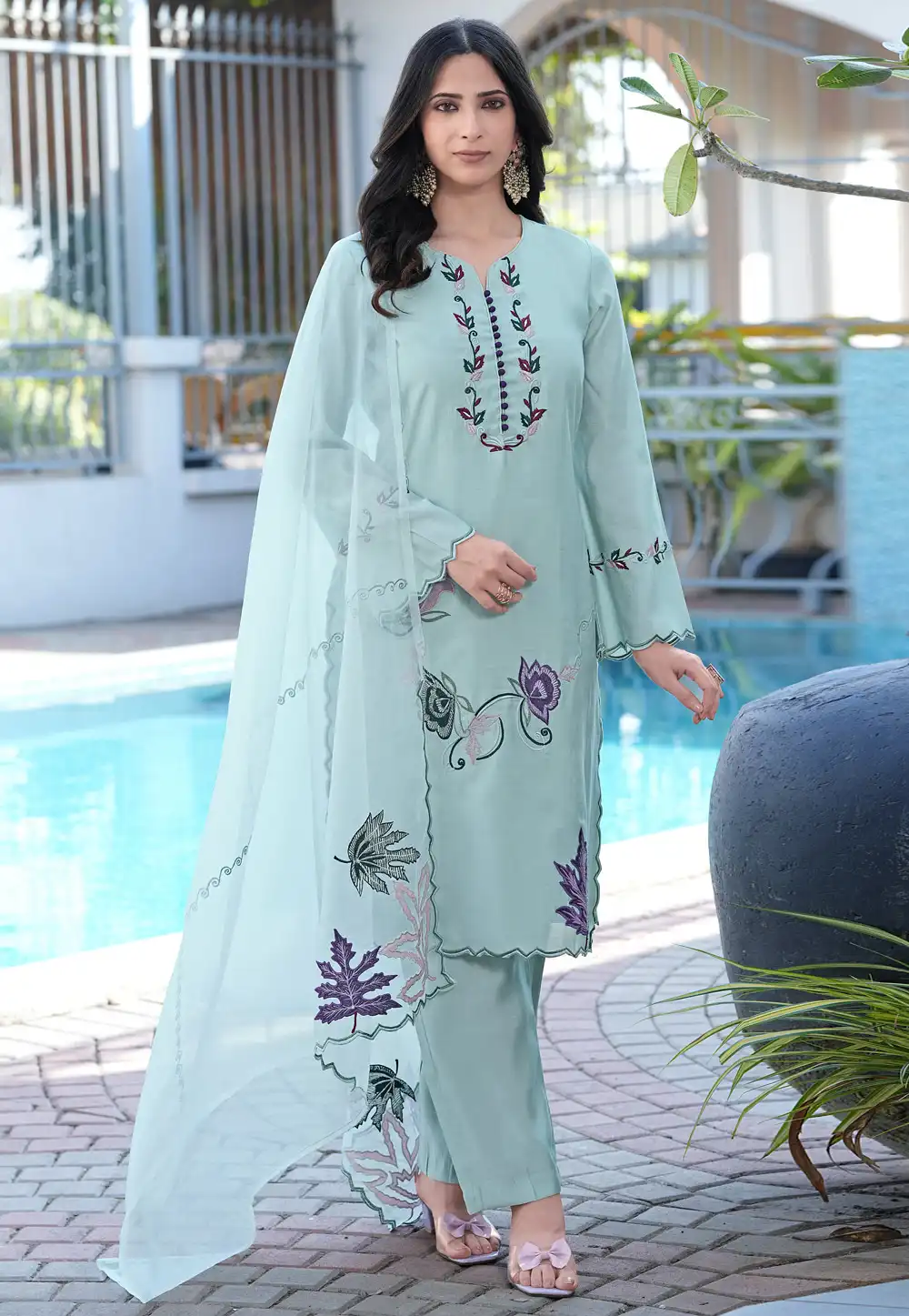 Sea Green Art Silk Readymade Pant Style Suit 325024