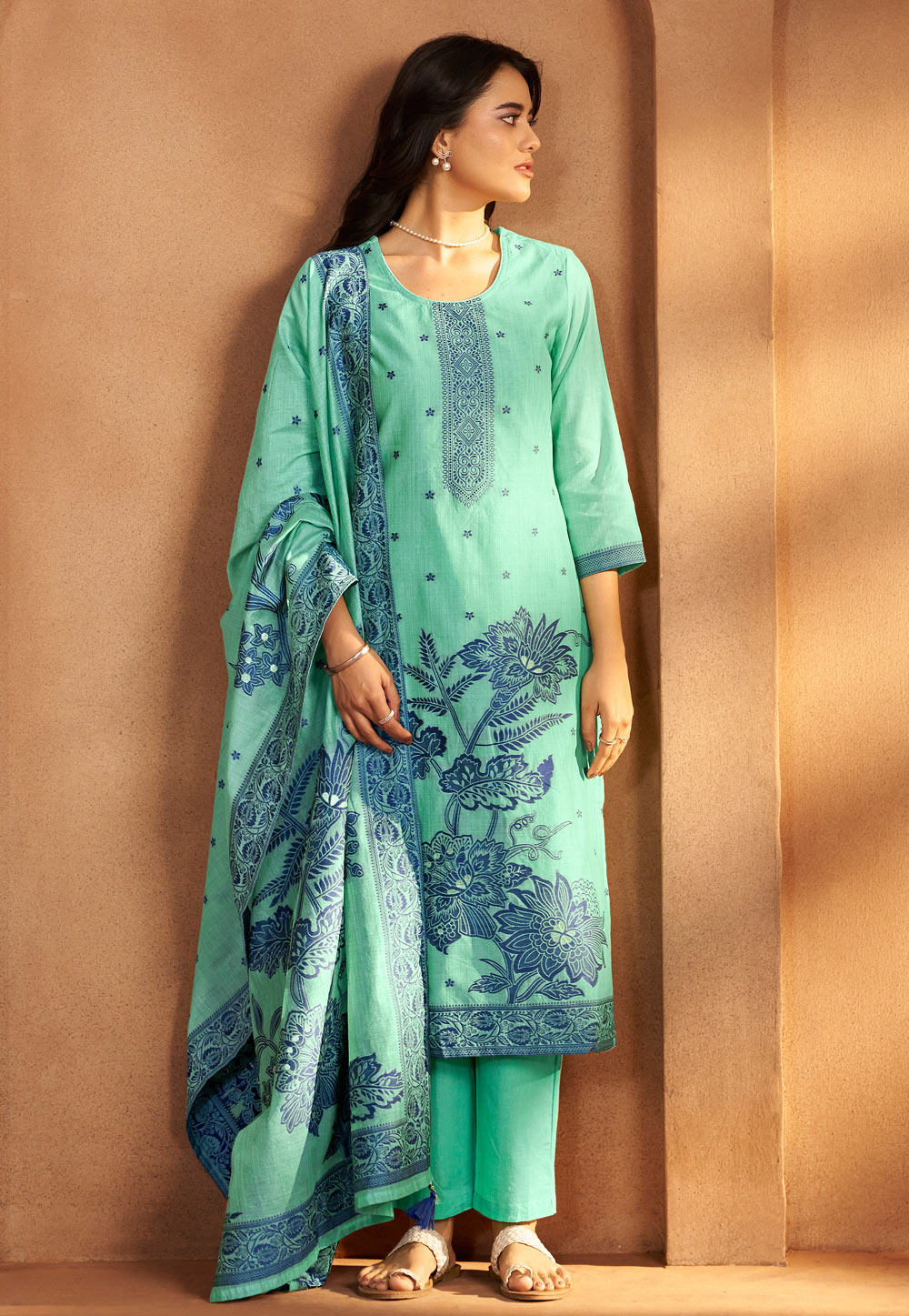 Sea Green Art Silk Readymade Pant Style Suit 321825