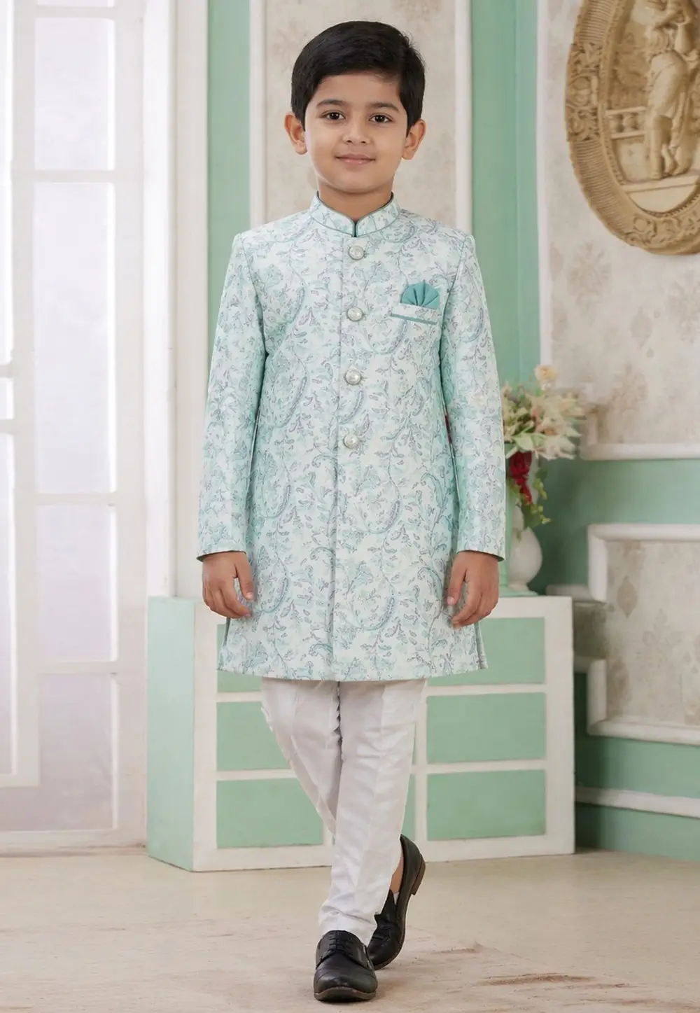 Sea Green Banarasi Jacquard Boys Indo Western Suit 335787