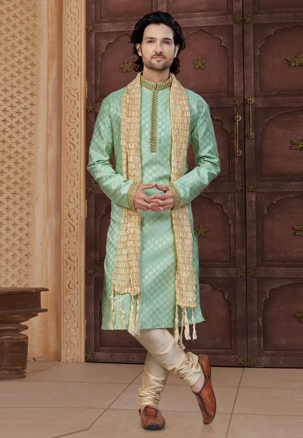 Sea Green Banarasi Jacquard Kurta Pajama 317859