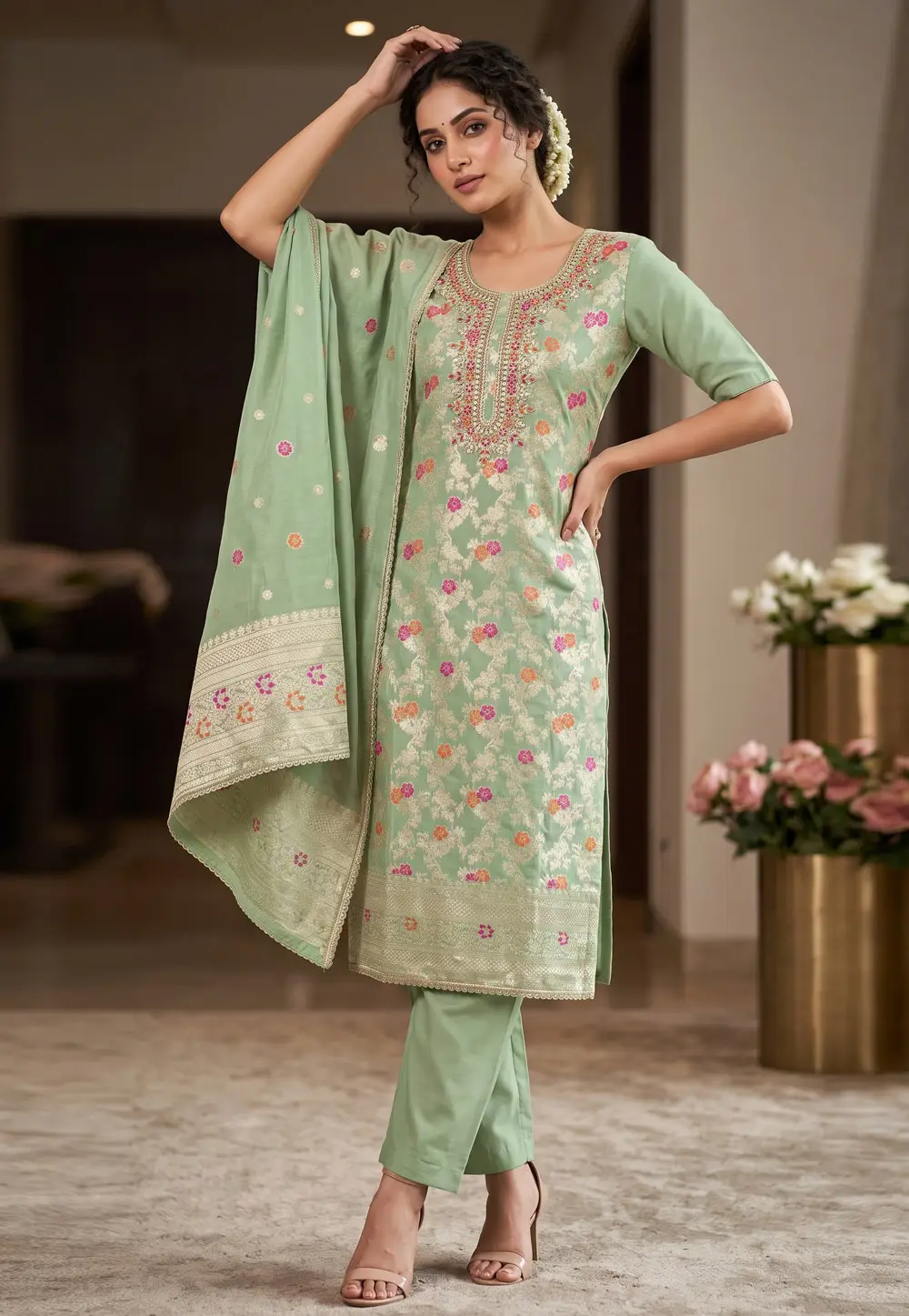 Sea Green Banarasi Pant Style Suit 335183