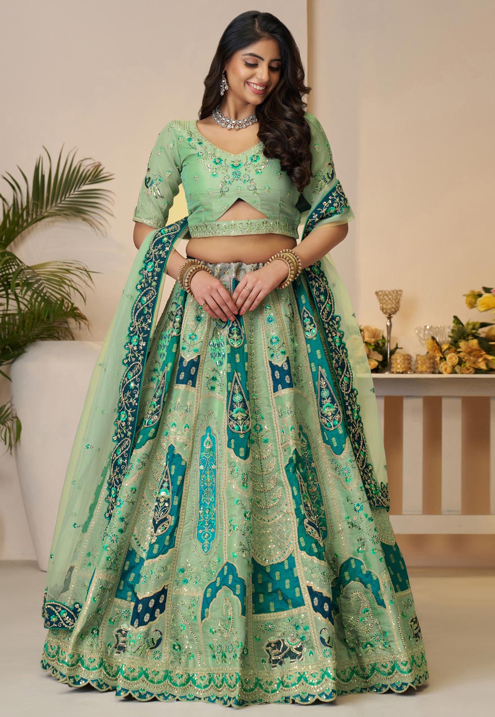 Sea Green Banarasi Silk Circular Lehenga Choli 309029