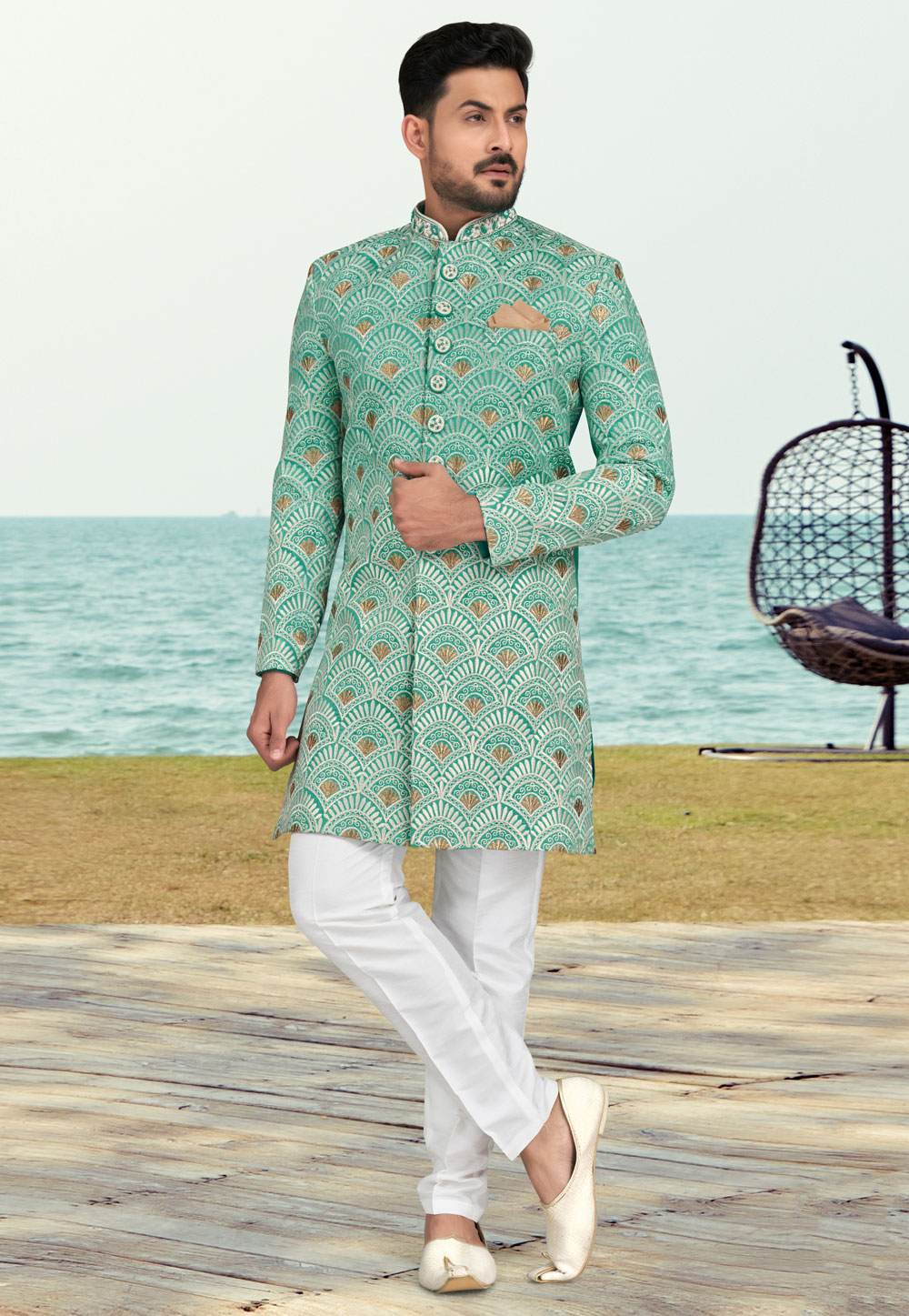 Sea Green Banarasi Silk Indo Western Sherwani 279741