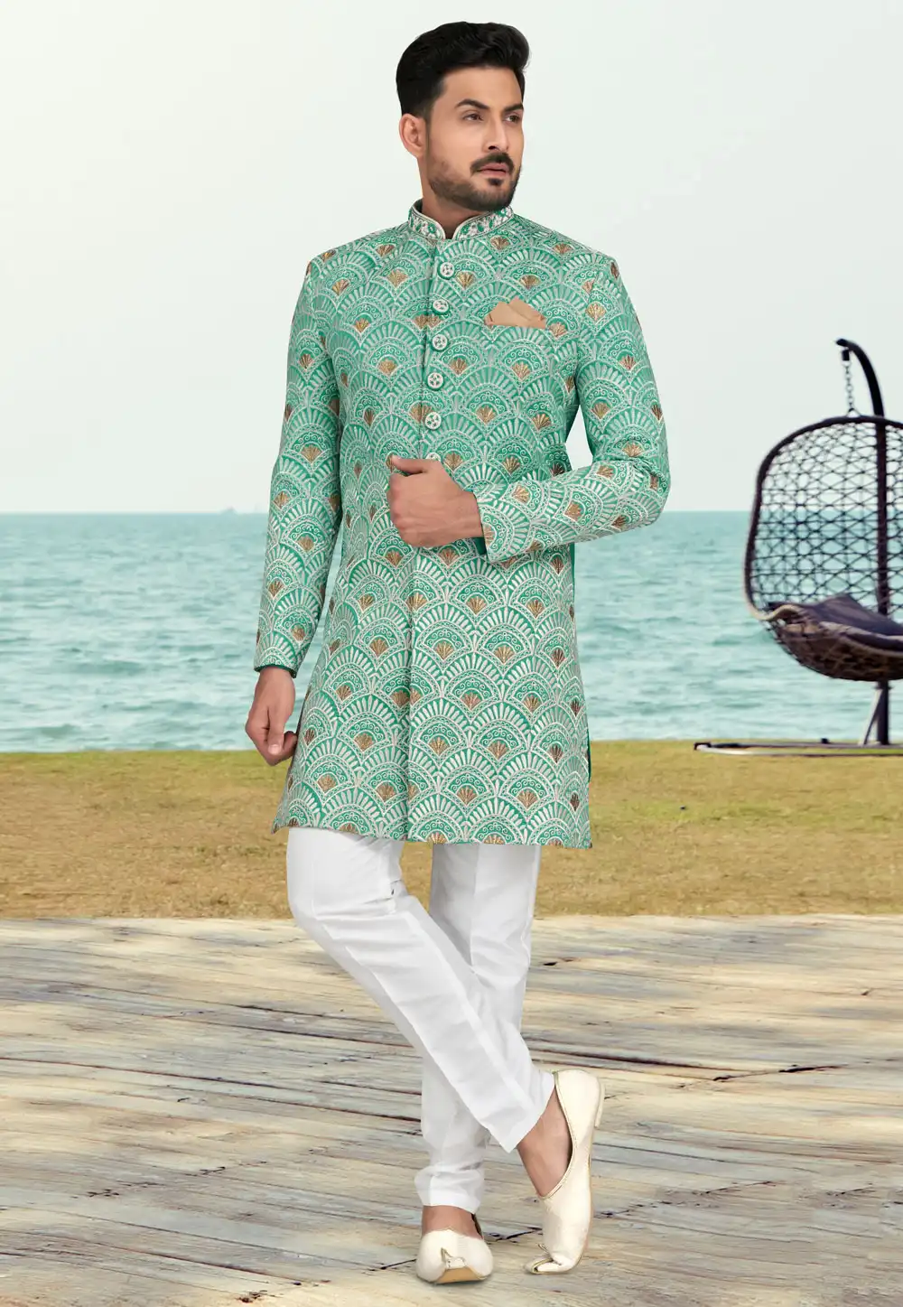 Sea Green Banarasi Silk Indo Western Sherwani 279741