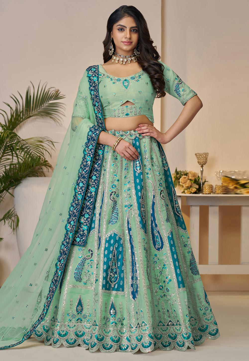 Sea Green Banarasi Silk Lehenga Choli 309027