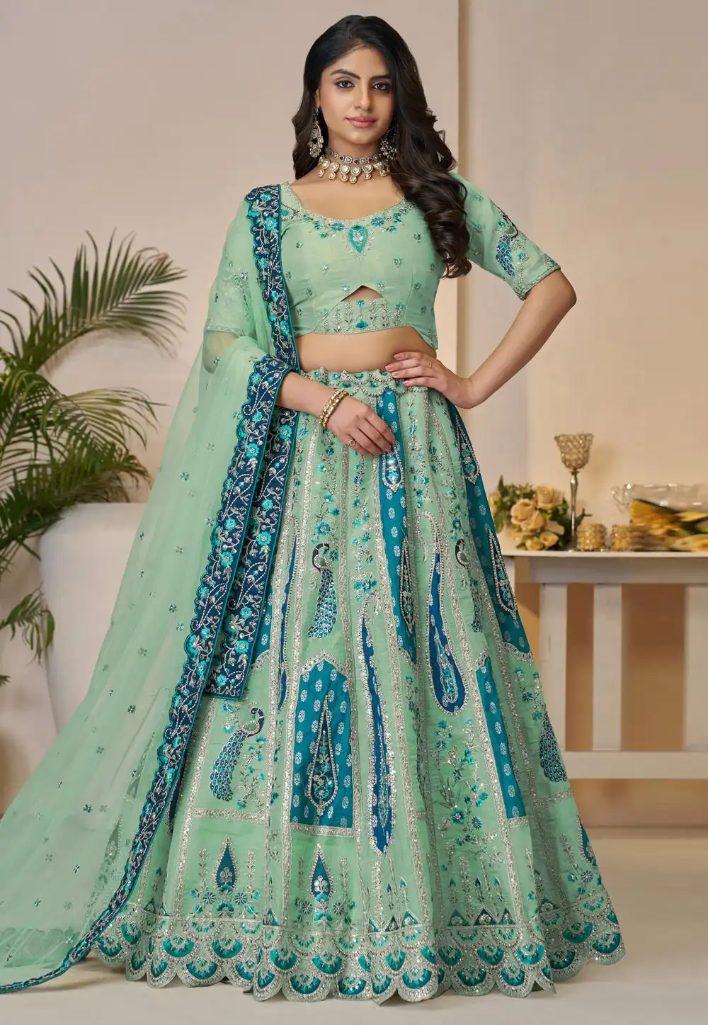 Sea Green Banarasi Silk Lehenga Choli 309027