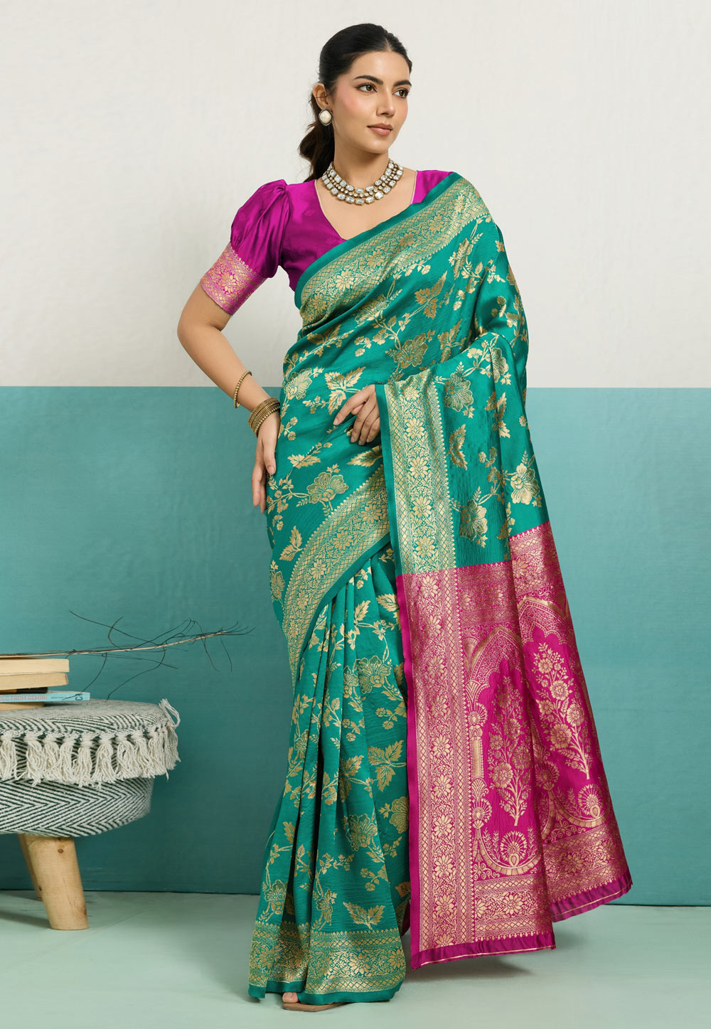 Sea Green Banarasi Silk Saree With Blouse 325247