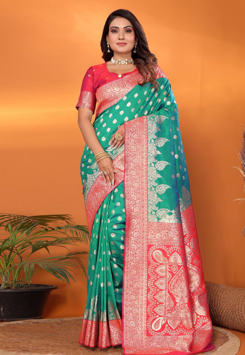 Sea Green Banarasi Silk Saree With Blouse 321041