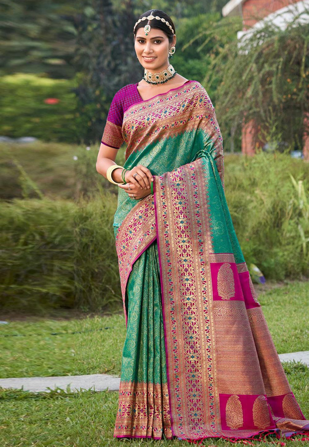Sea Green Banarasi Silk Saree With Blouse 324233