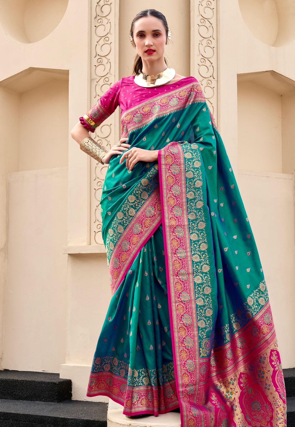 Sea Green Banarasi Silk Saree With Blouse 307399
