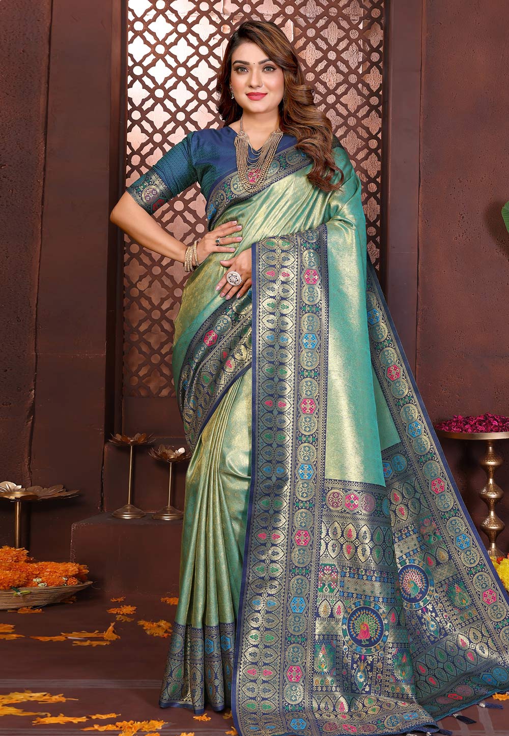 Sea Green Banarasi Silk Saree With Blouse 320605