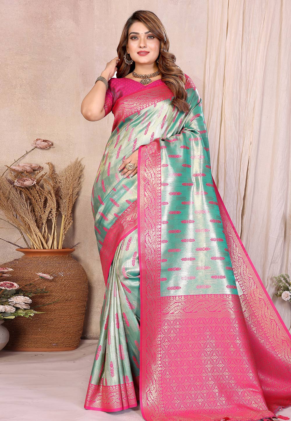 Sea Green Banarasi Silk Saree With Blouse 320610