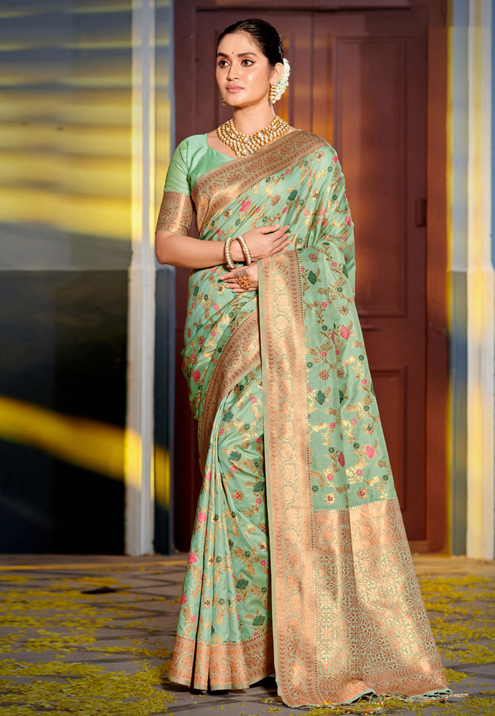 Sea Green Banarasi Silk Saree With Blouse 311472
