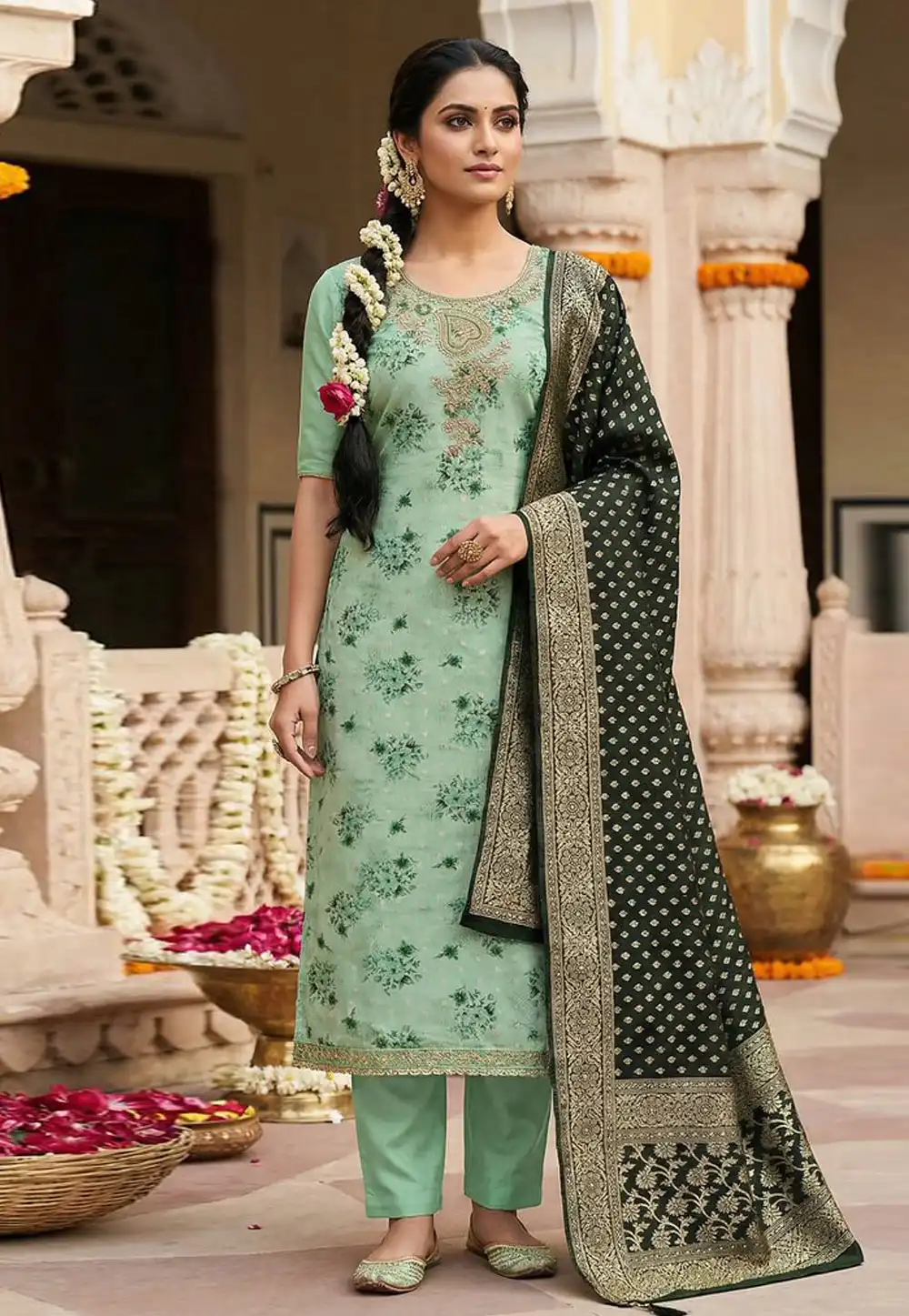 Sea Green Banarasi Straight Suit 326983