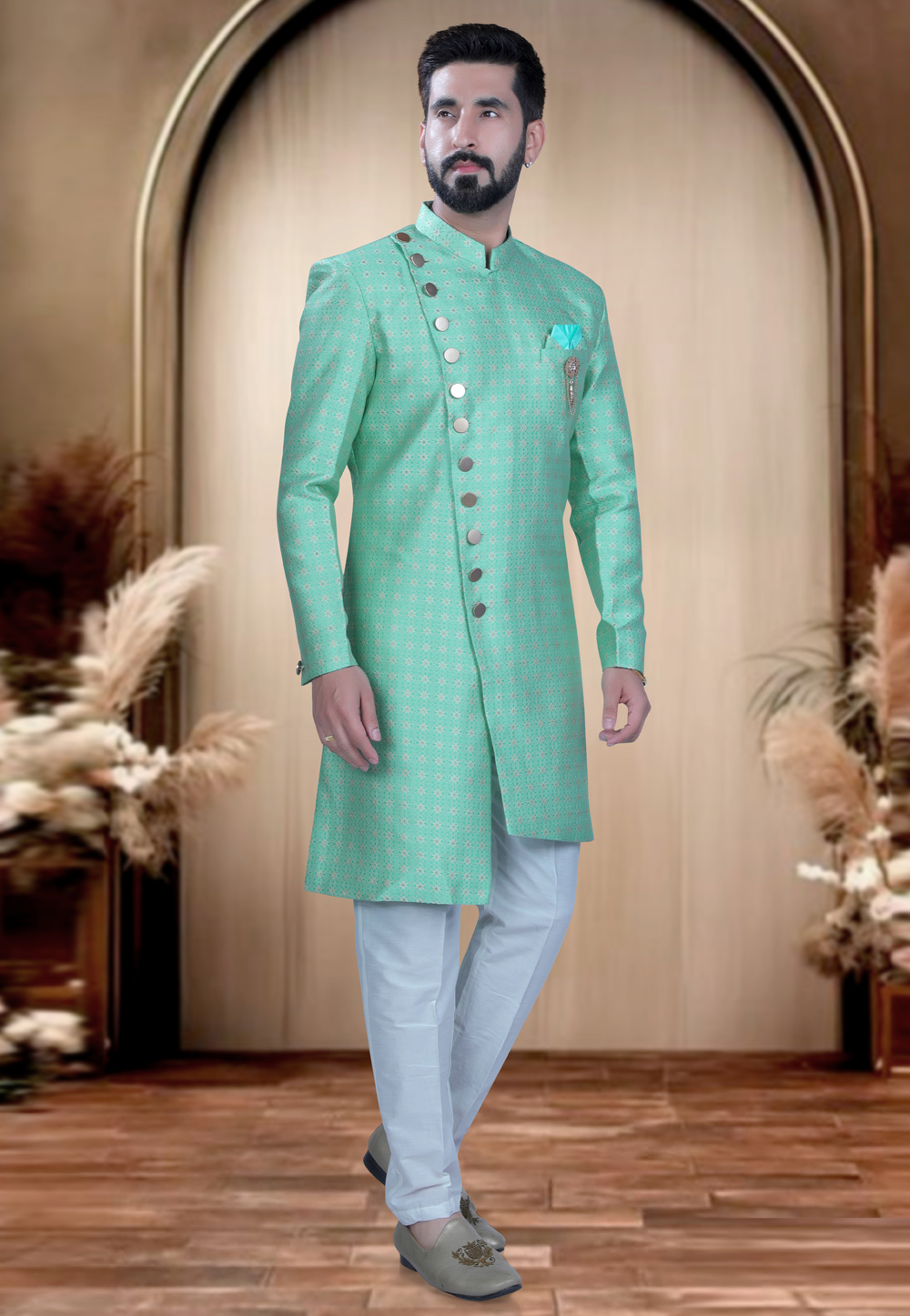 Sea Green Brocade Indo Western Sherwani 319673