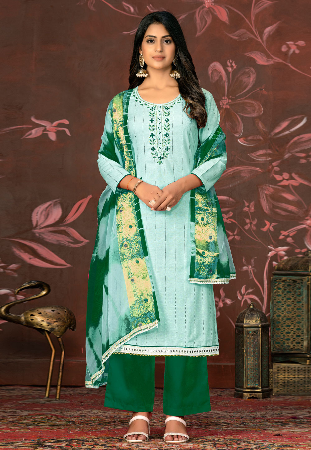 Sea Green Cambric Cotton Palazzo Suit 281043