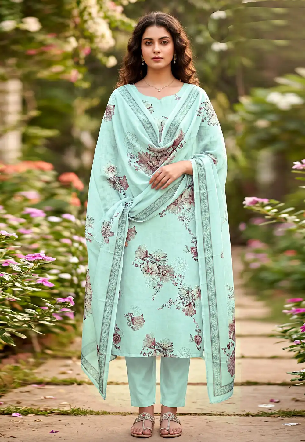 Sea Green Cambric Cotton Pant Style Suit 328316