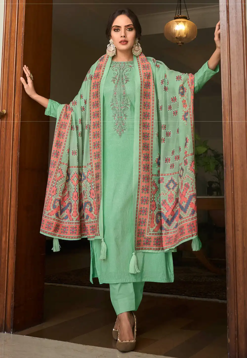 Sea Green Cambric Cotton Pant Style Suit 328878