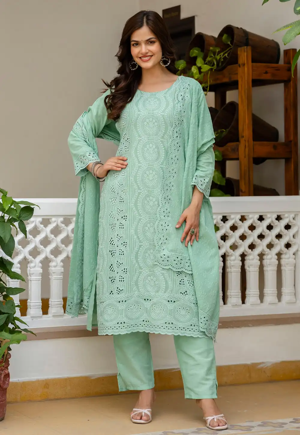 Sea Green Cambric Cotton Readymade Pant Style Suit 330665