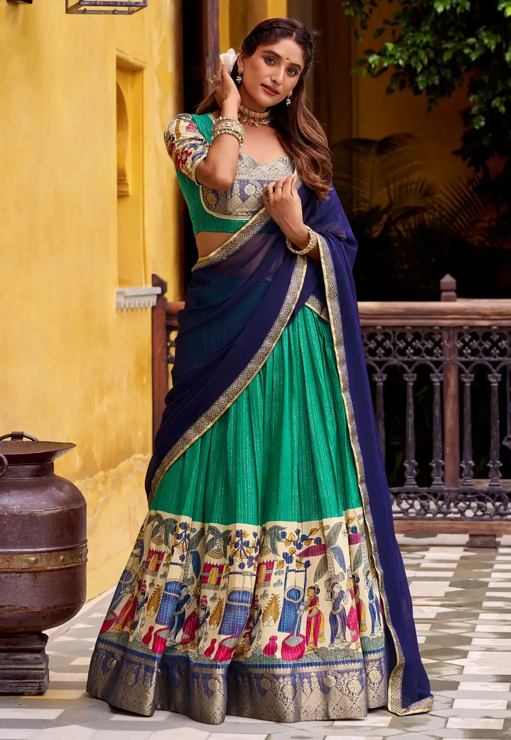 Sea Green Chanderi Circular Lehenga Choli 316369