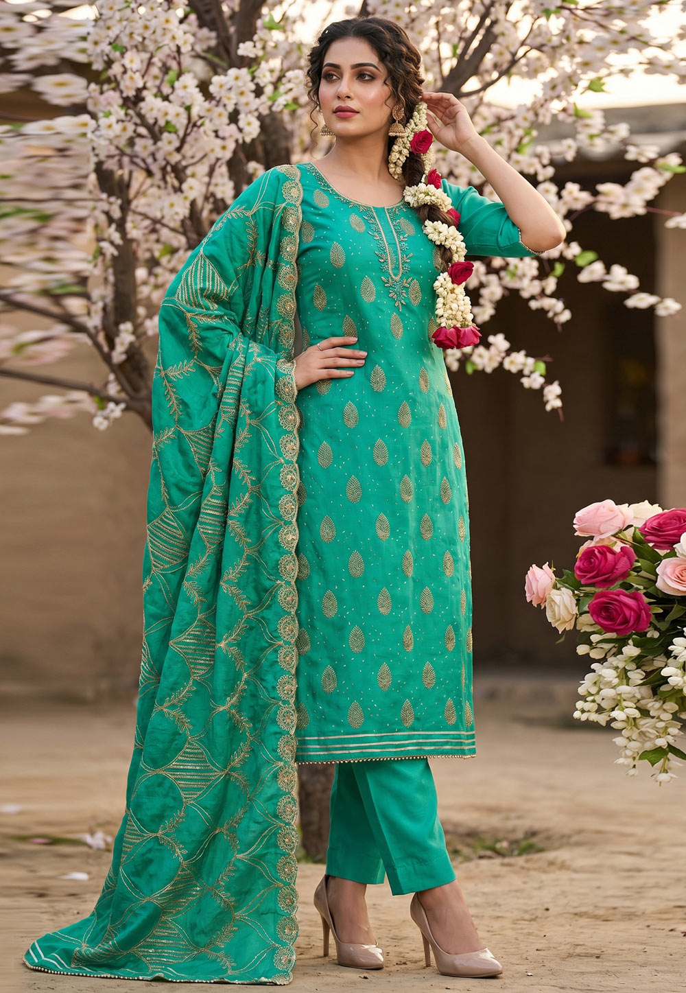 Sea Green Chanderi Cotton Pant Style Suit 327465