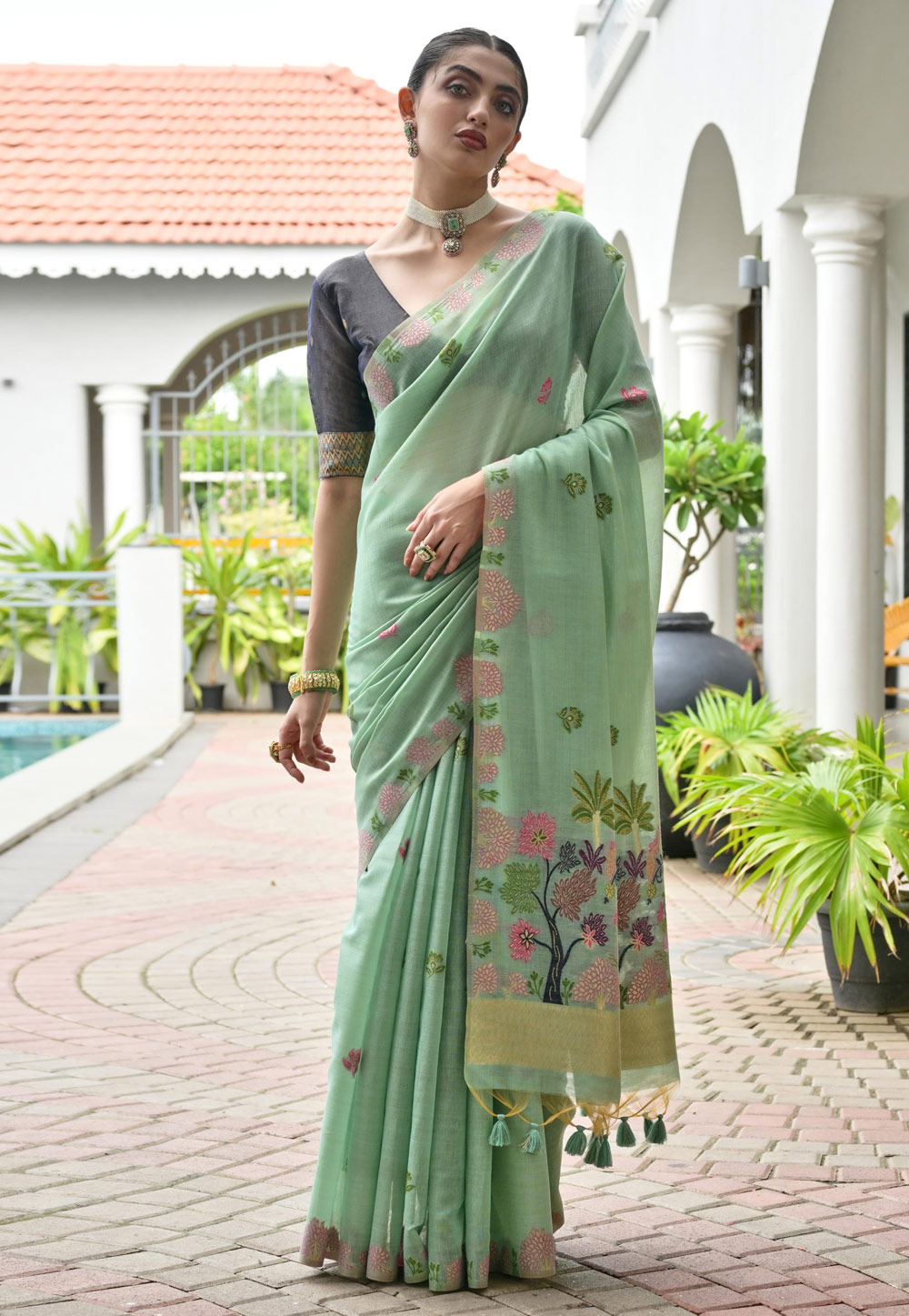 Sea Green Chanderi Cotton Saree With Blouse 320655