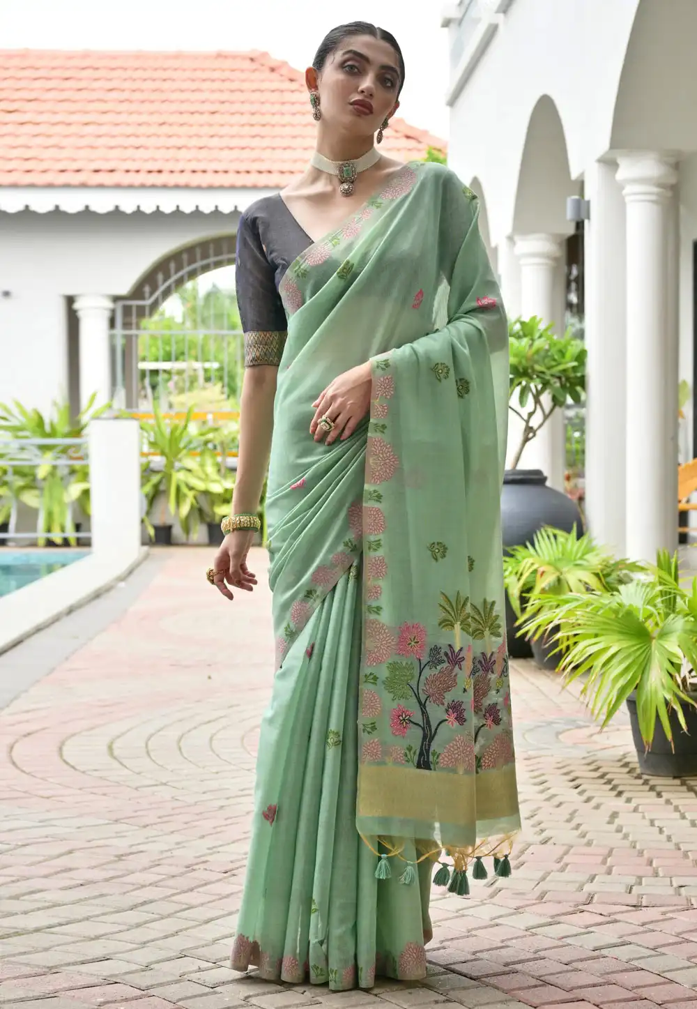 Sea Green Chanderi Cotton Saree With Blouse 320655
