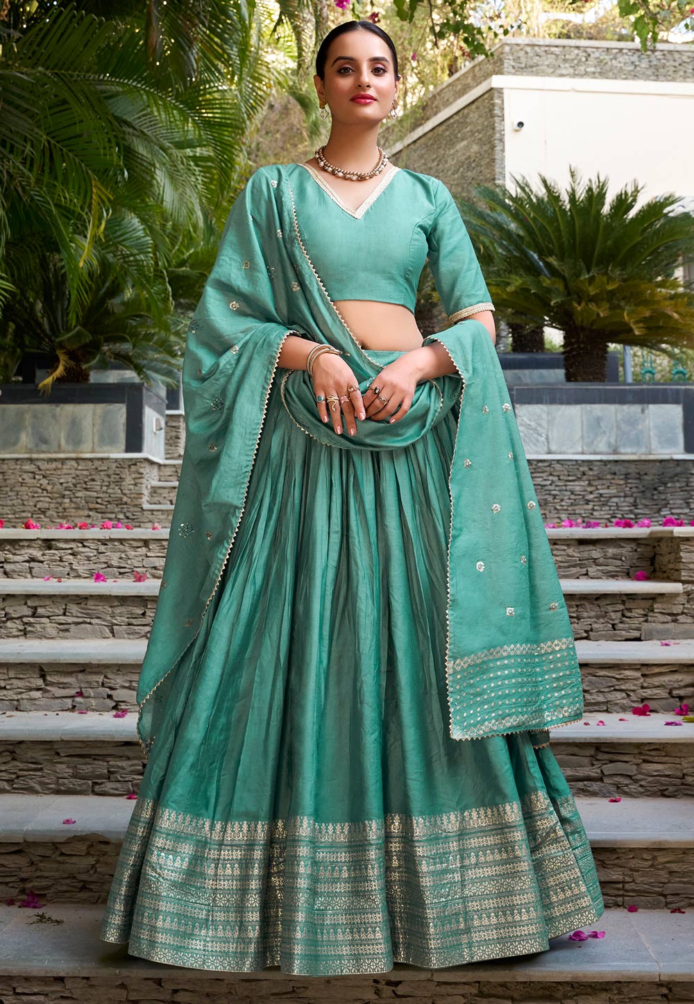 Sea Green Chanderi Lehenga Choli 307856