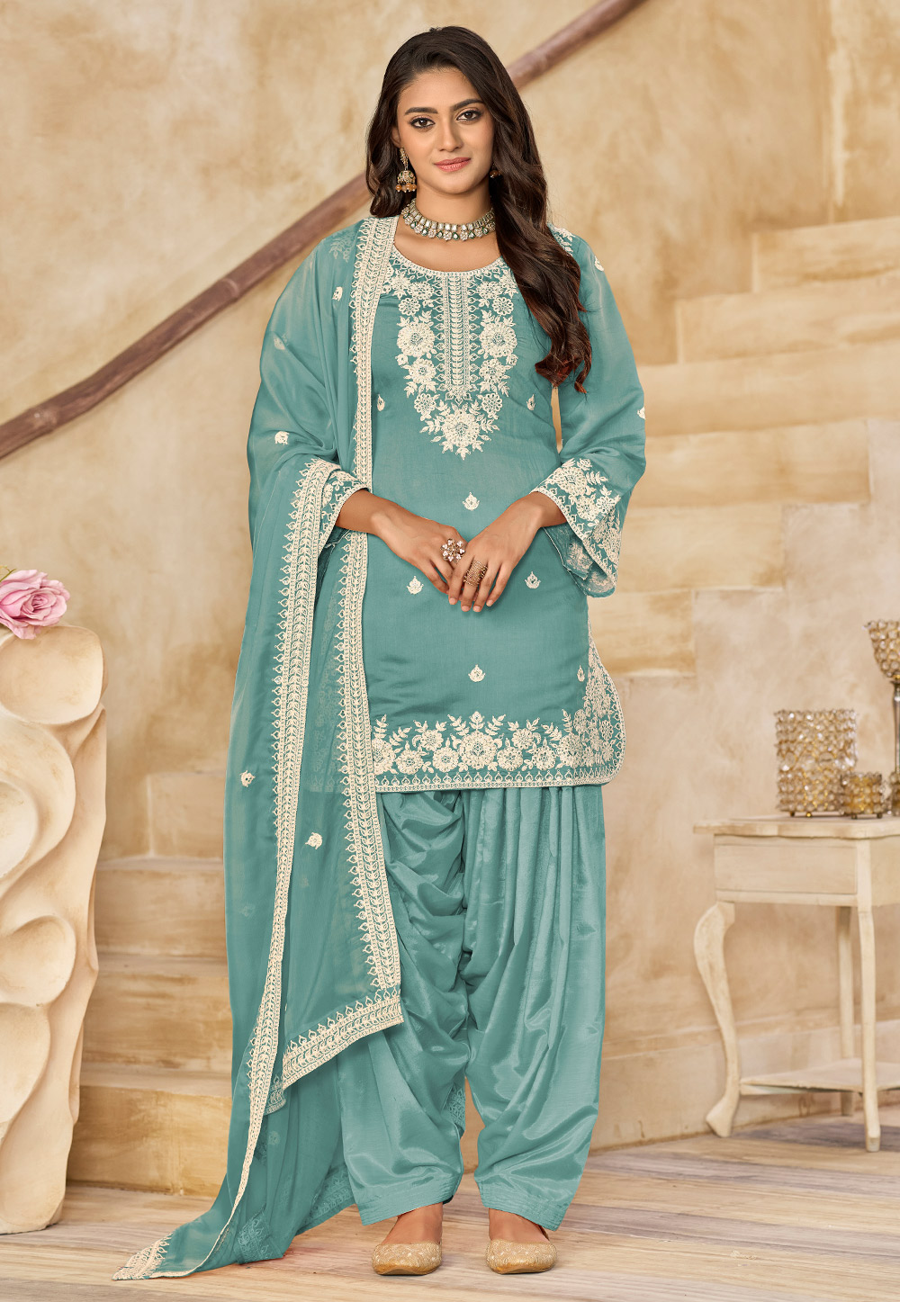 Sea Green Chanderi Patiala Suit 312556