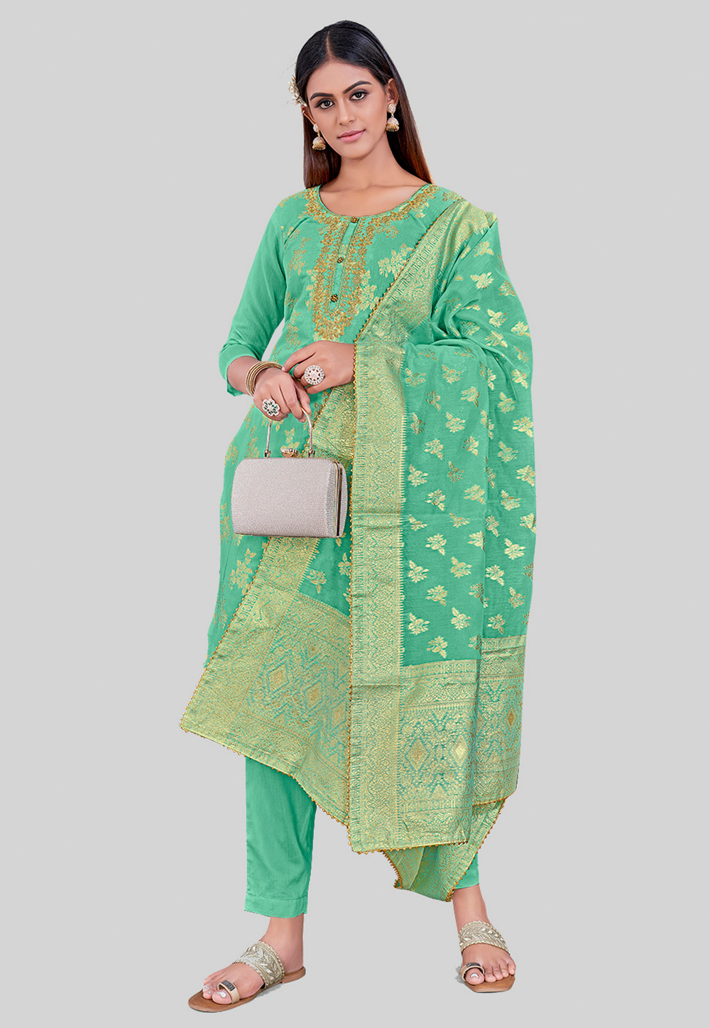 Sea Green Chanderi Silk Pant Style Suit 284457