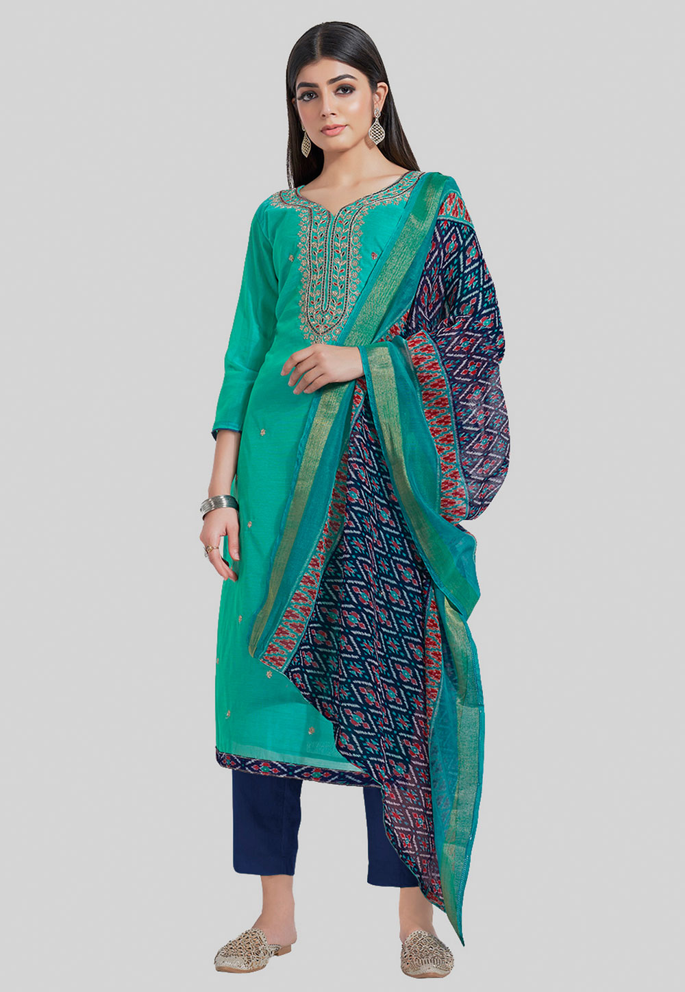 Sea Green Chanderi Silk Pant Style Suit 284465