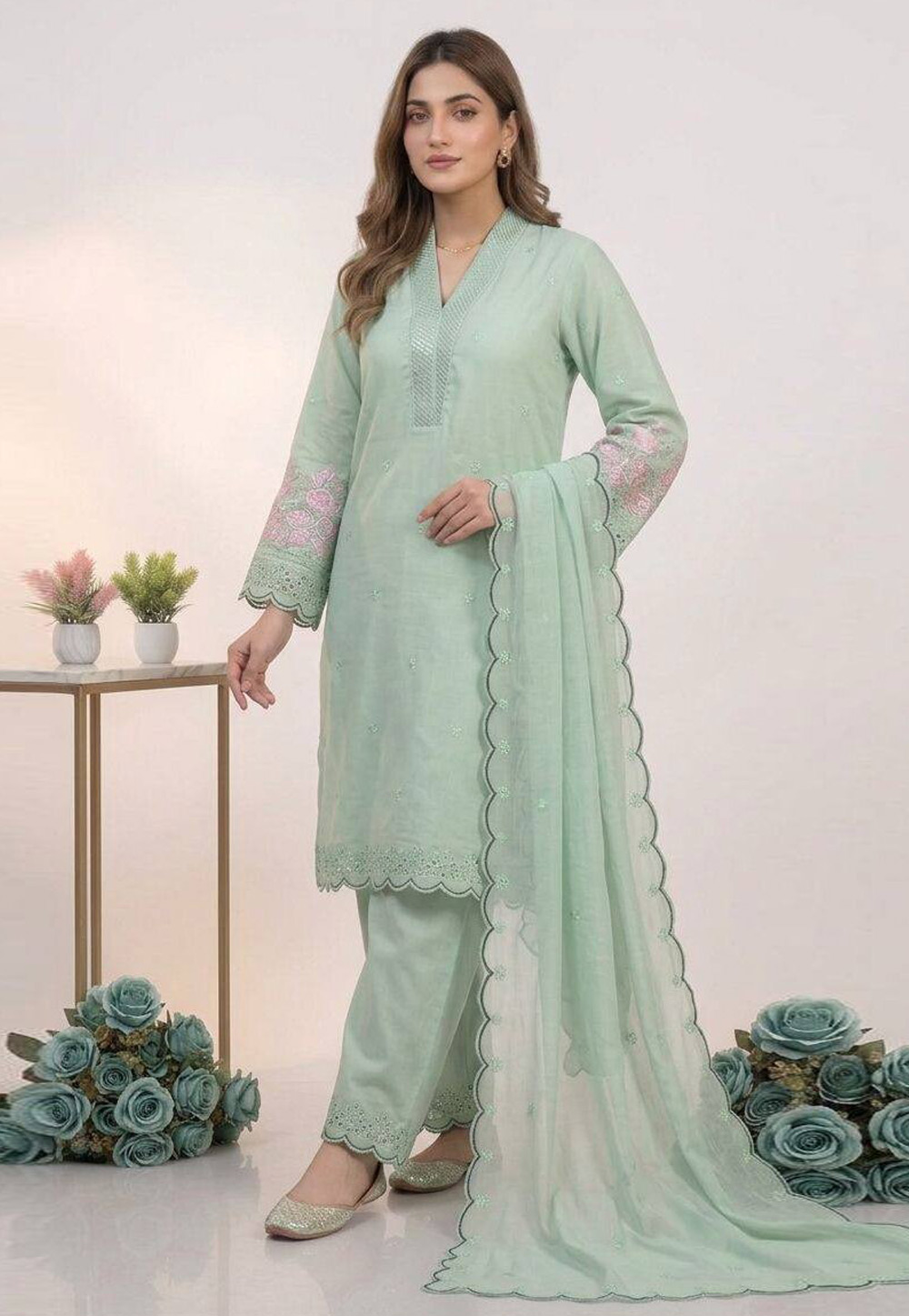 Sea Green Chanderi Silk Readymade Pant Style Suit 329079